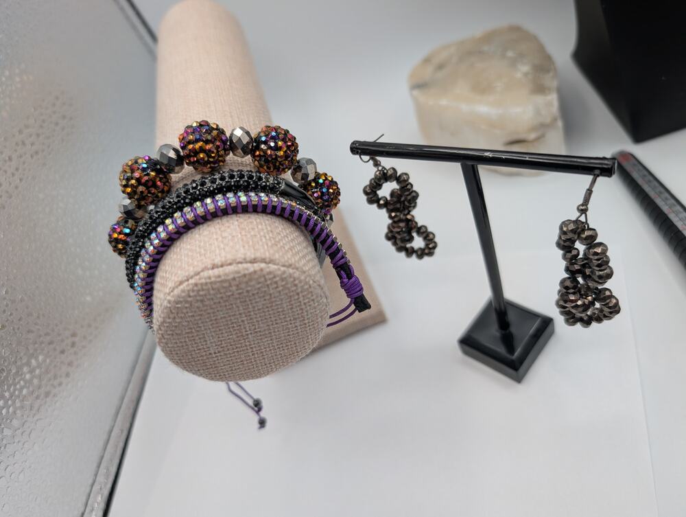 Bracelets Set Shamballa Bangle Woven Rhinestone Crystal Black Purple Earrings